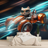 Cool cat racing wallpaper transforms gaming room with speed-themed design