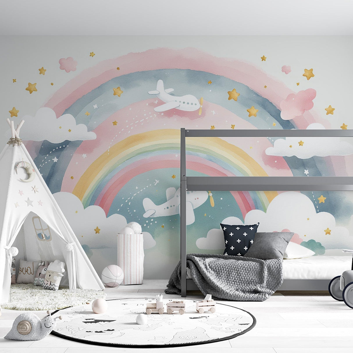 Rainbow Airplane Wallpaper in bright kids bedroom, showing colorful airplanes soaring through pastel clouds