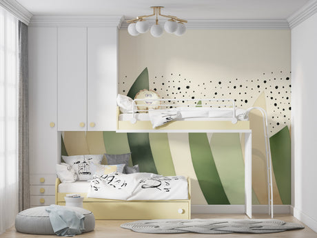 Modern nursery featuring sage green abstract wallpaper, styled with white furniture and natural decor elements