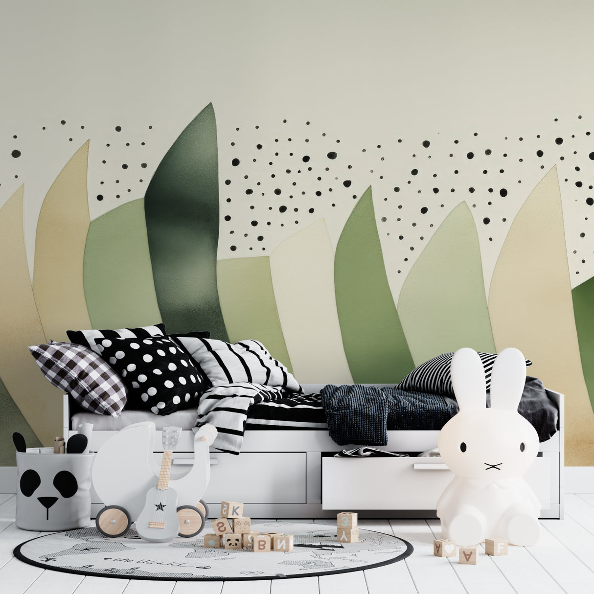 Children's bedroom with abstract sage green wallpaper creating a calm, modern atmosphere