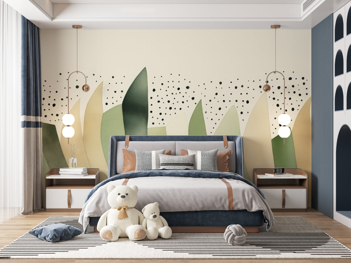 Home office space with sage green abstract wallpaper showing pattern scale and texture