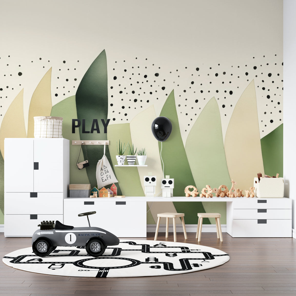 Living room accent wall featuring sage green dotted pattern wallpaper
