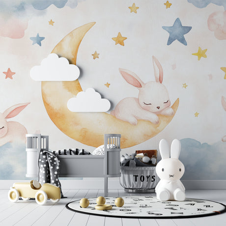 Bunny nursery wallpaper creating a cozy atmosphere in a modern white nursery with wooden crib
