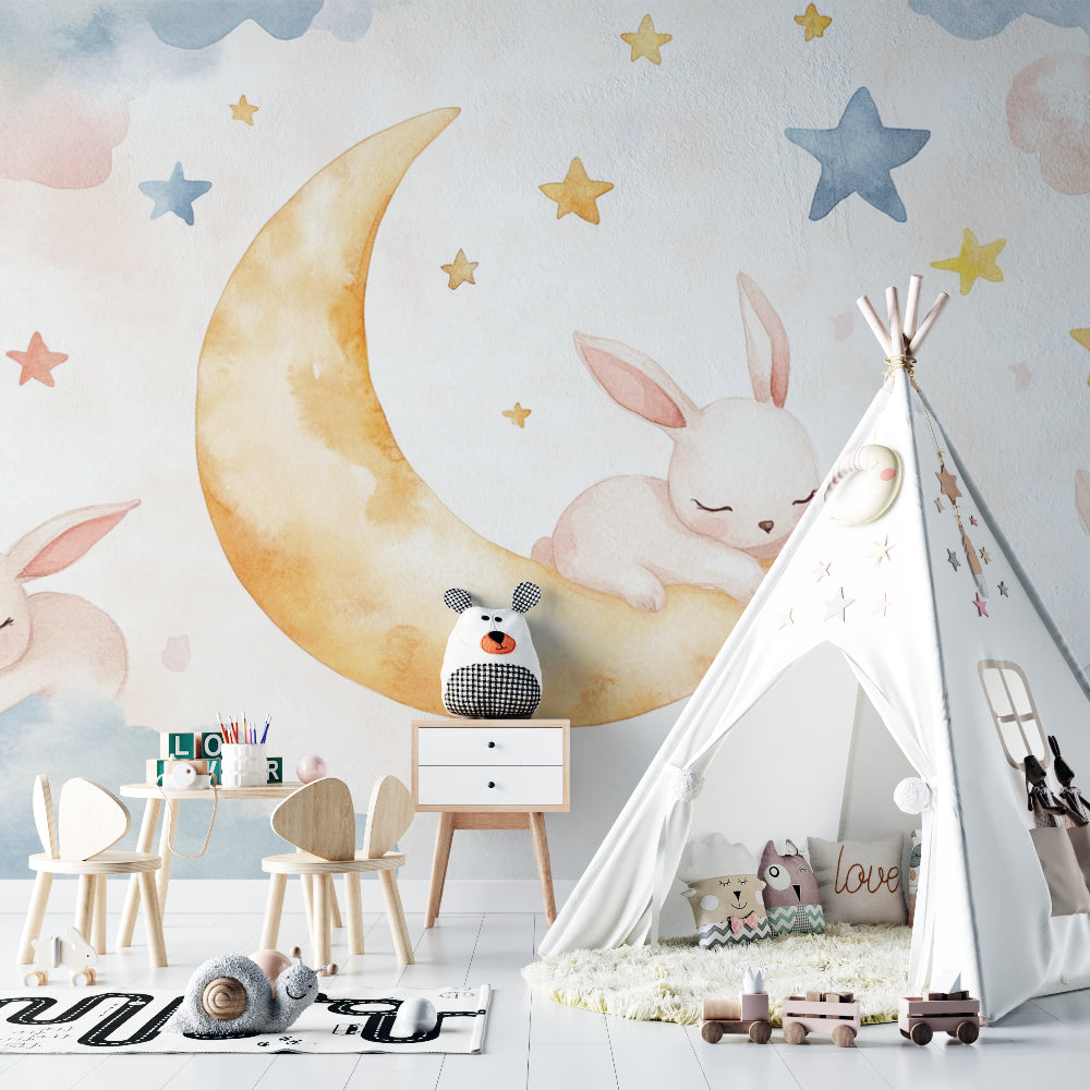 Sleeping bunny wallpaper featured in a neutral nursery with rocking chair and shelving