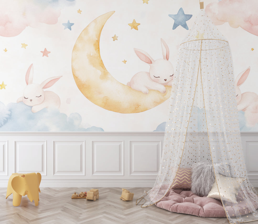 Dreamy bunny wall mural in a Scandinavian style kids bedroom with white furniture