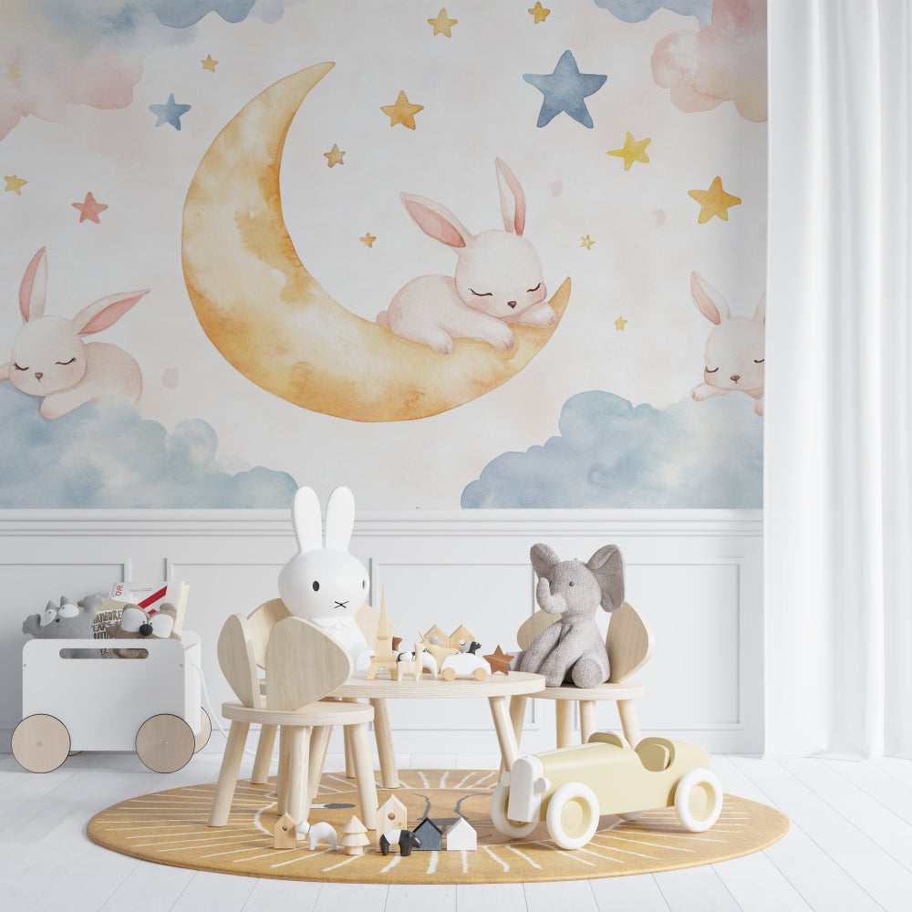 Golden moon nursery wallpaper in a gender-neutral baby room with natural decor