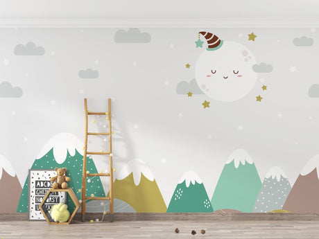 Mountain nursery wallpaper with sleepy moon design shown in a cozy children's bedroom with wooden furniture
