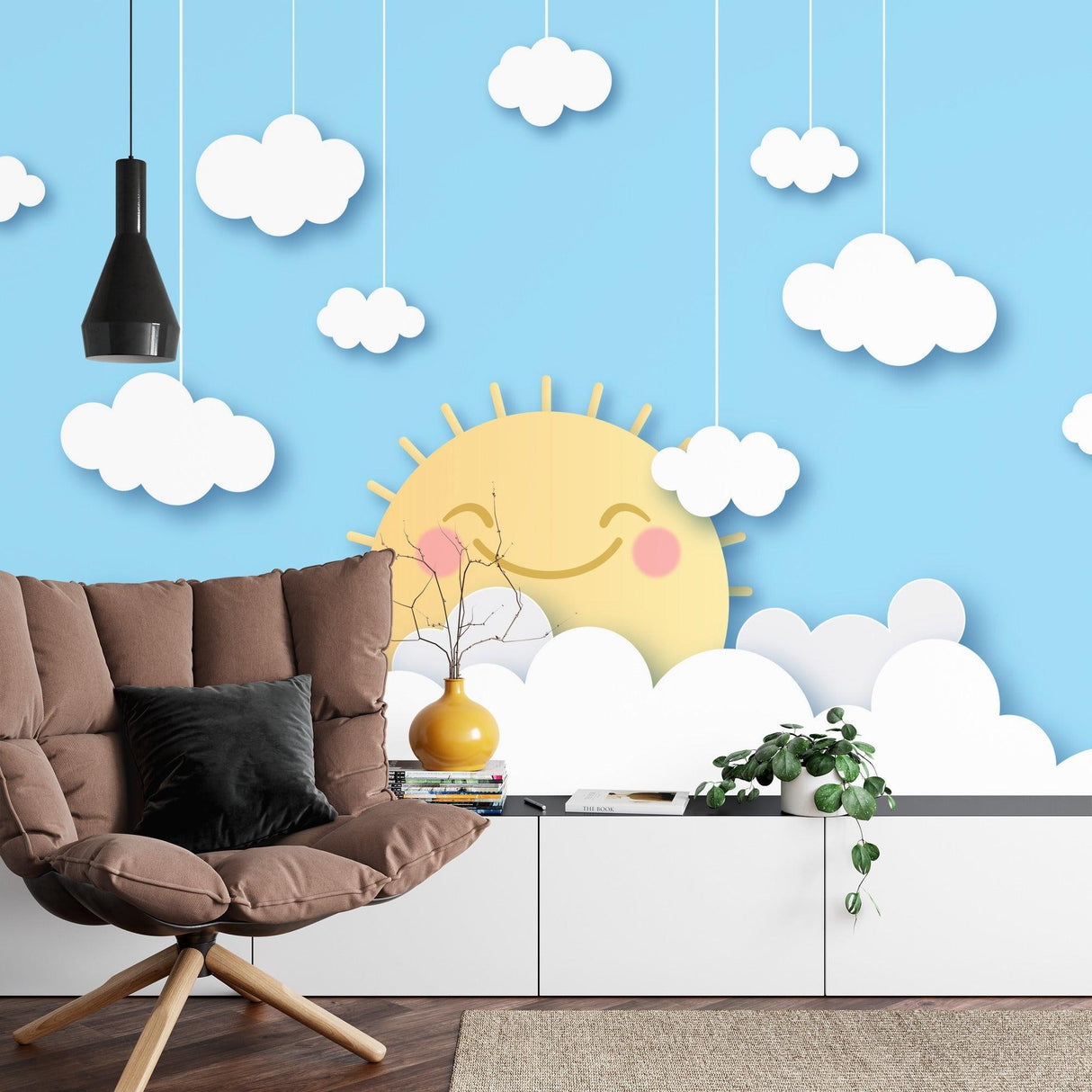 Children's bedroom featuring happy sun and clouds mural wallpaper above a cozy reading nook