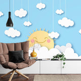 Children's bedroom featuring happy sun and clouds mural wallpaper above a cozy reading nook