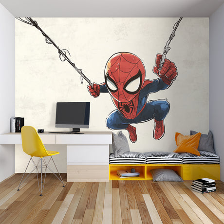 Spider-Man wallpaper mural displayed in a modern kids bedroom with blue accents and superhero decor