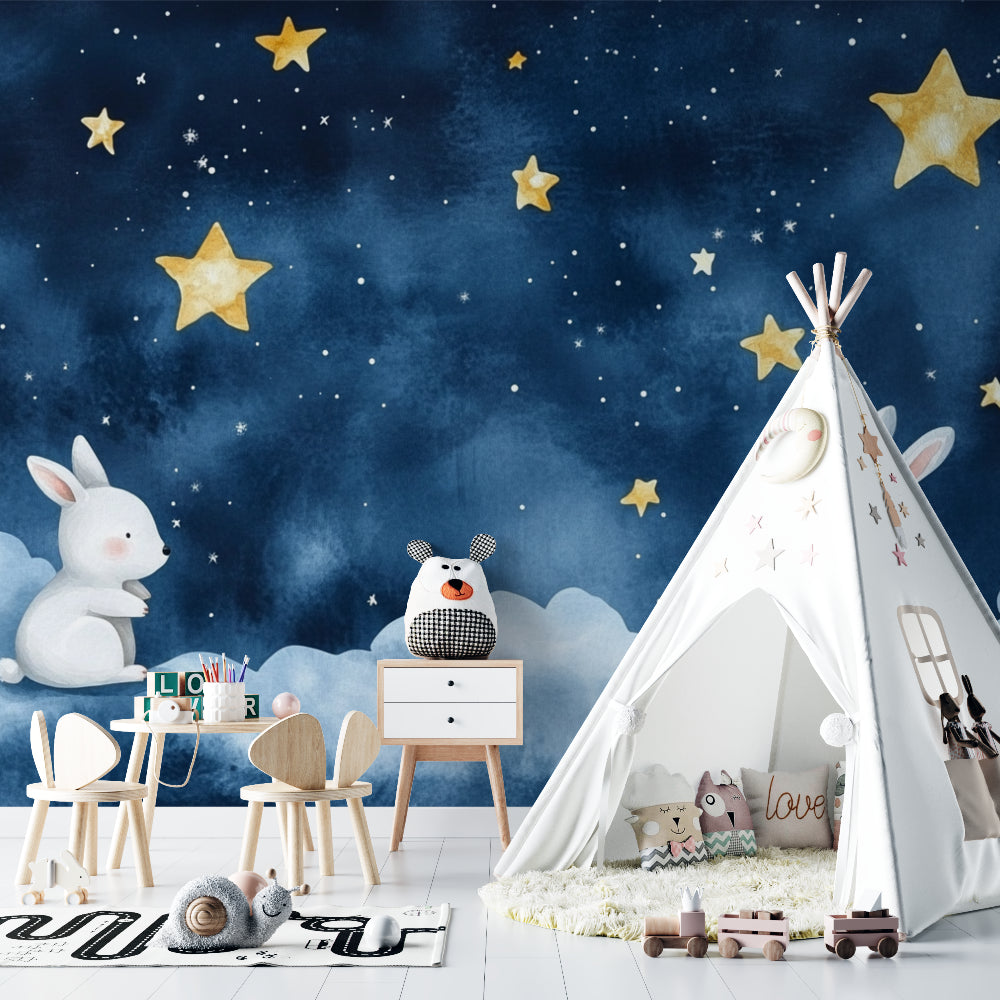 Starry night bunny mural in a reading nook with cozy cushions