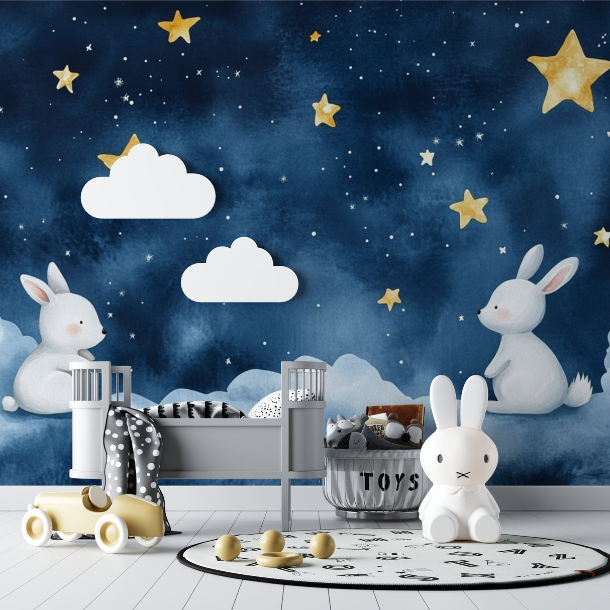 Kids bedroom featuring bunny and stars wallpaper with golden accents