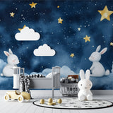 Kids bedroom featuring bunny and stars wallpaper with golden accents