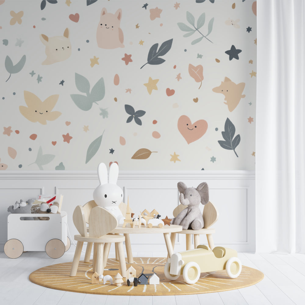 Animal and stars nursery wallpaper creating magic in a baby girl's room with pink accents