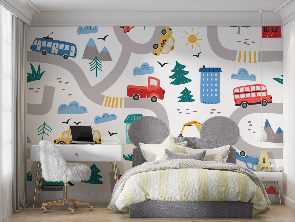 Transportation wallpaper bringing life to a modern kids bedroom, featuring colorful vehicles and city scenes