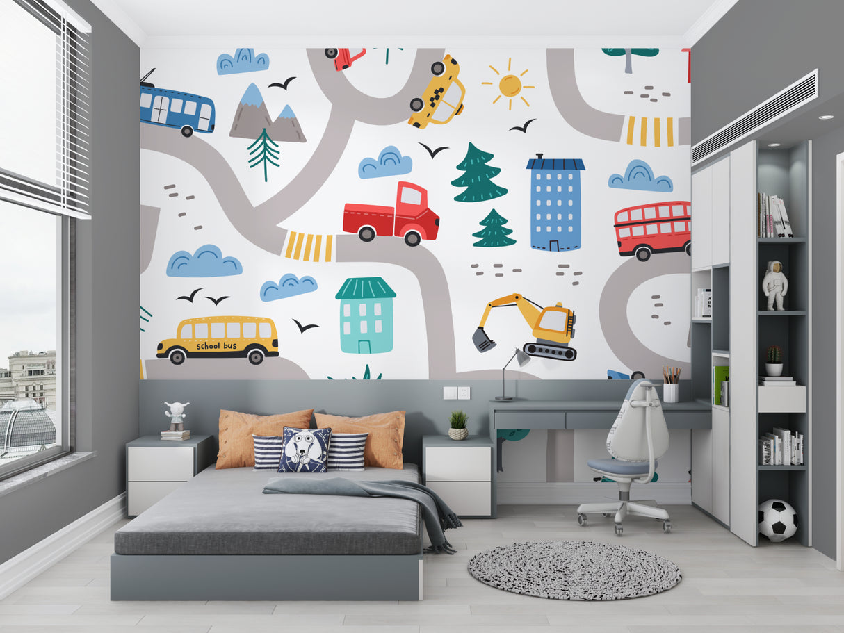Playful transportation mural in a bright playroom showing buses and trams against white walls