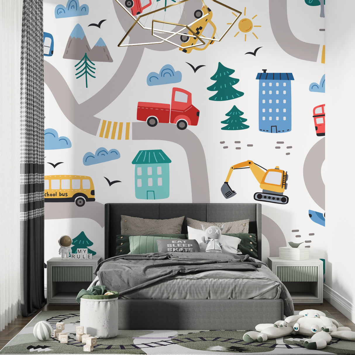 City adventure wallpaper transforming a nursery with its fun vehicle design and soft colors