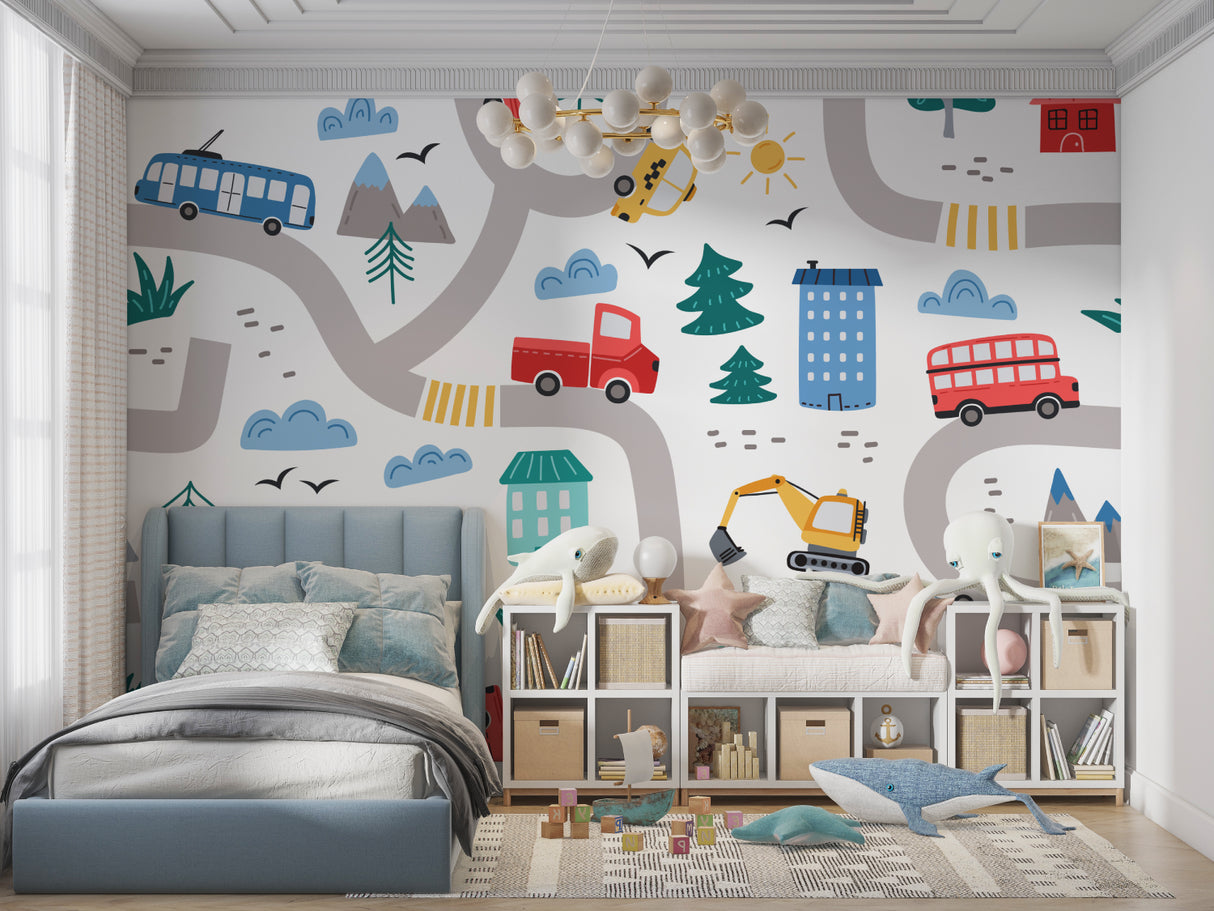 Transportation themed wallpaper making a statement in a modern children's study area