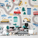 Vehicle wallpaper creating an engaging atmosphere in a toddler's reading nook