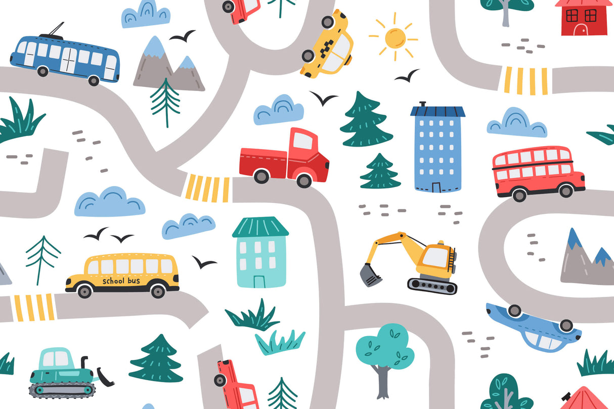 Design file of transportation wallpaper showing detailed city scene with vehicles and mountains