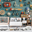 Vintage toy wallpaper bringing charm to a modern nursery with 3D rockets and retro toys