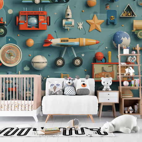 Vintage toy wallpaper bringing charm to a modern nursery with 3D rockets and retro toys