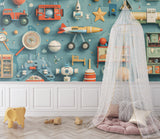 3D toy wallpaper creating a cozy reading corner in a kids bedroom