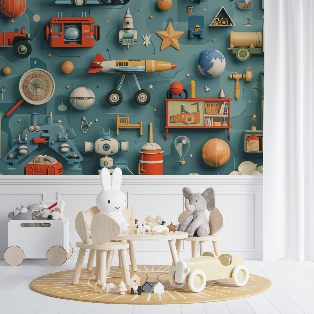 Retro space themed wallpaper transforming a playroom with vintage charm