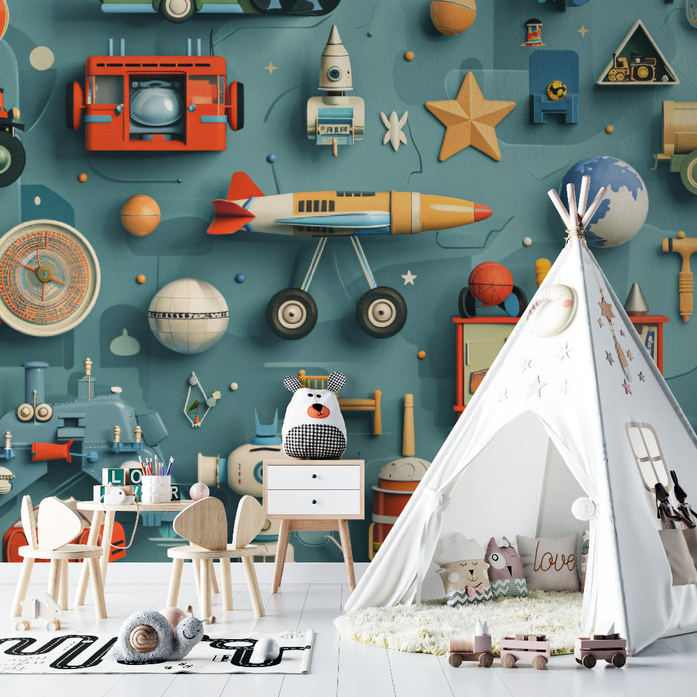 Vintage toy wall mural adding character to a child's study area