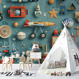 Vintage toy wall mural adding character to a child's study area