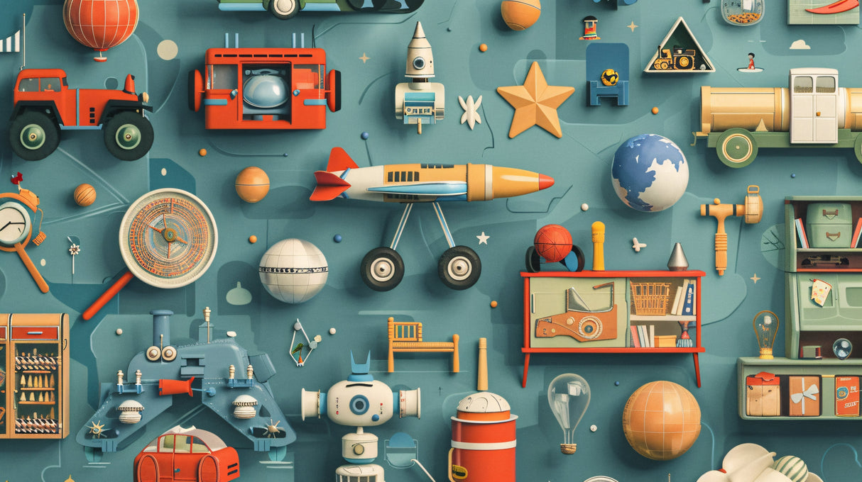 Design file showing detailed vintage toys and space elements pattern