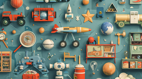 Design file showing detailed vintage toys and space elements pattern