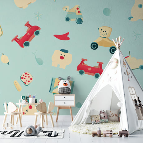 Vintage toy wallpaper creating a cozy atmosphere in a modern nursery with natural light