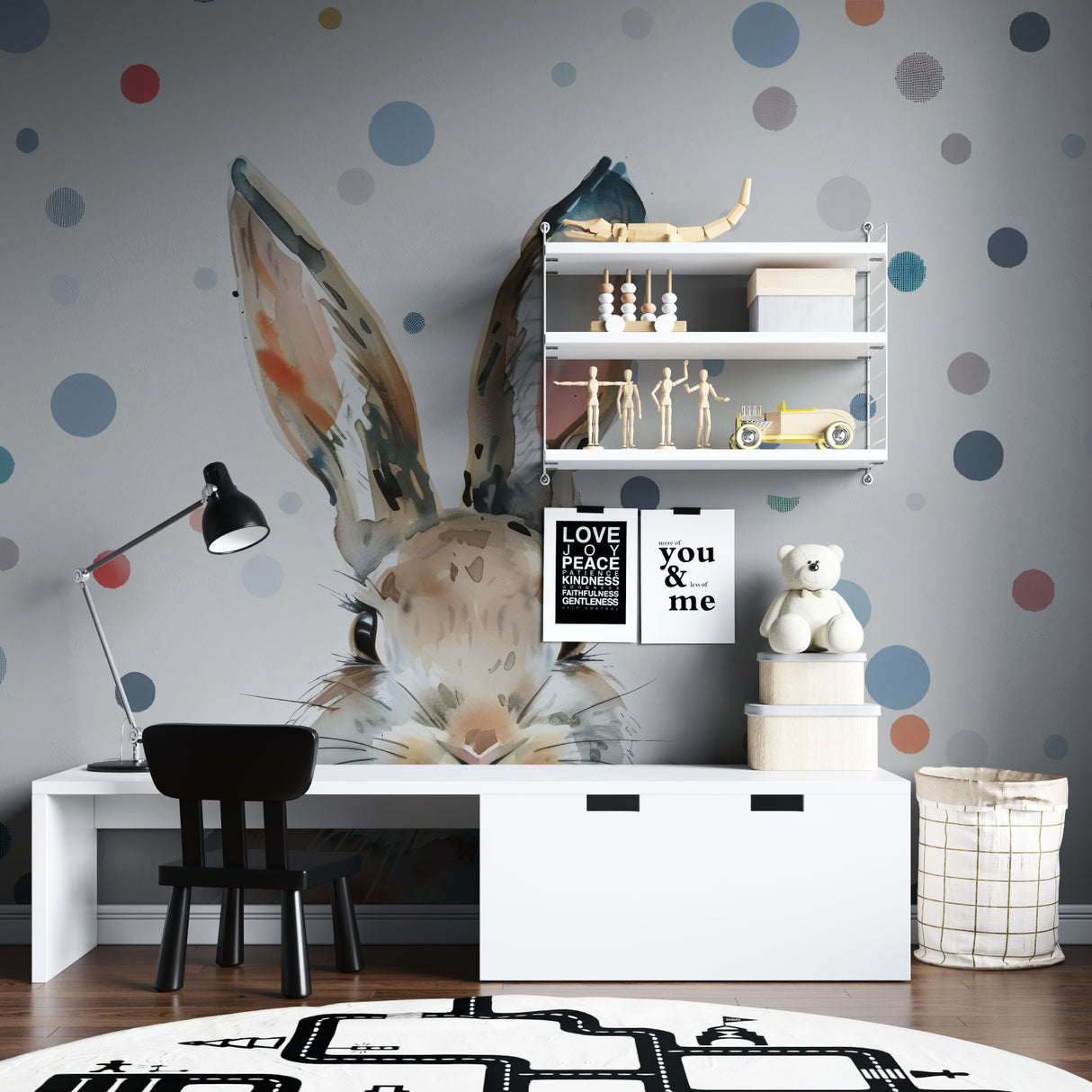 Watercolor Bunny Wallpaper in cozy nursery with white furniture and soft lighting
