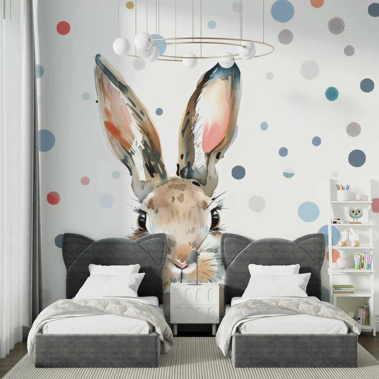 Bunny Wall Mural in modern children's bedroom with reading nook
