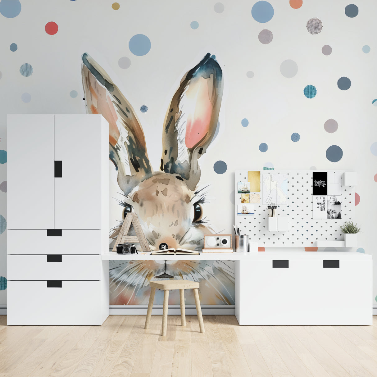 Watercolor Polka Dot Bunny Mural in baby's room with neutral decor