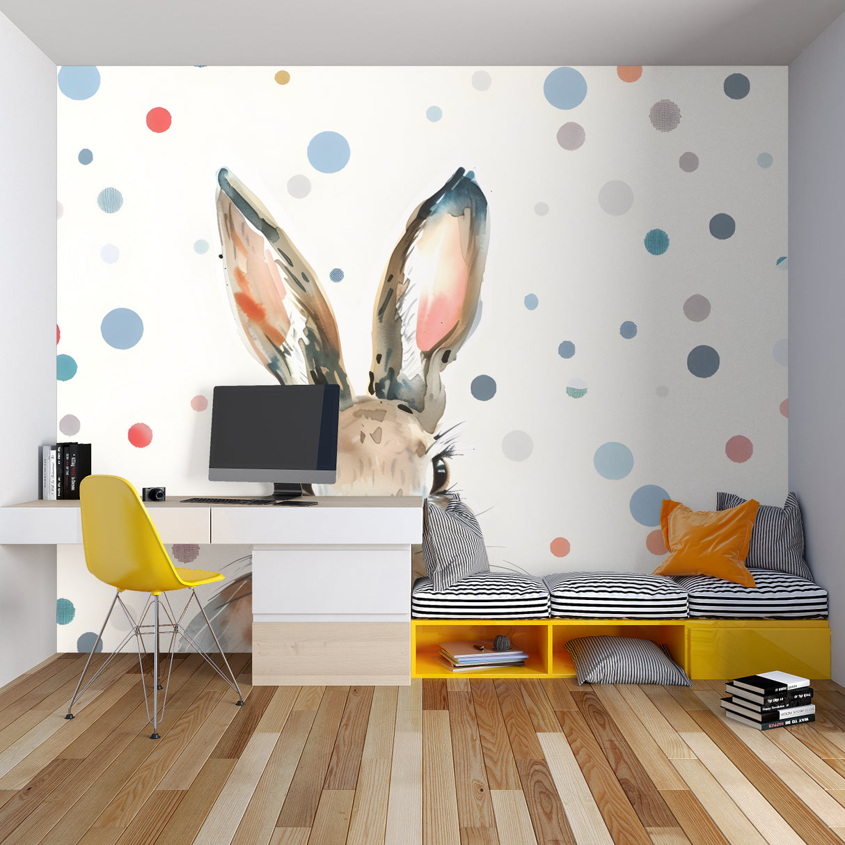 Bunny Wallpaper showing scale in bright kids bedroom