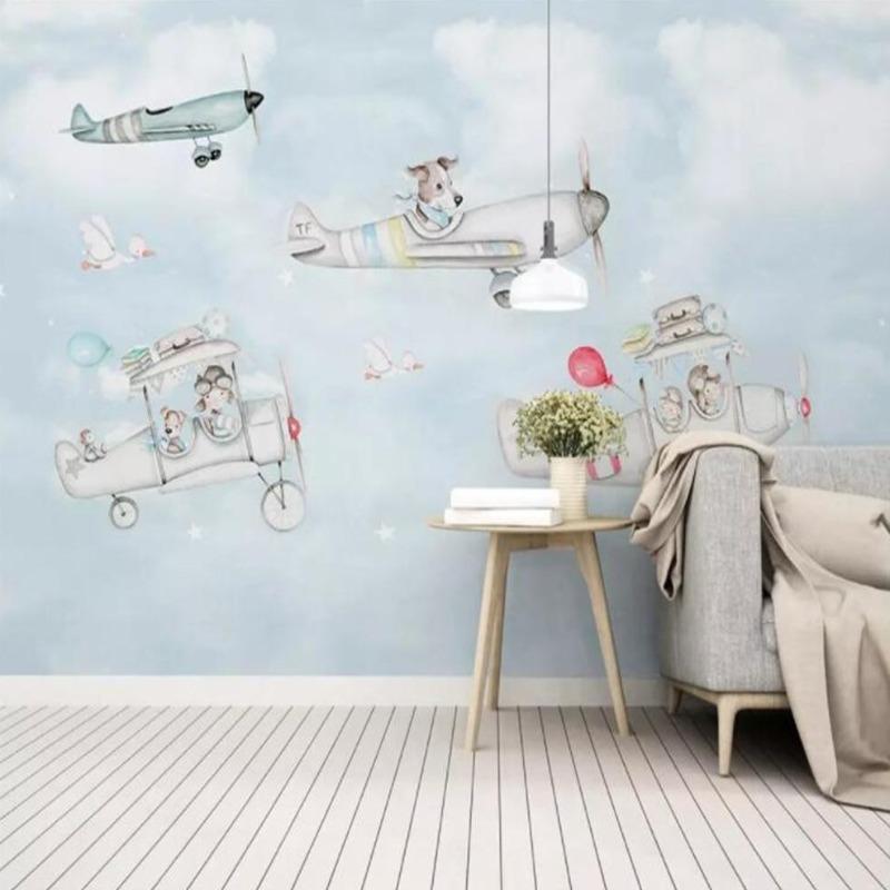 Airplane nursery wallpaper featuring whimsical animals in a modern playroom setting with wooden toys