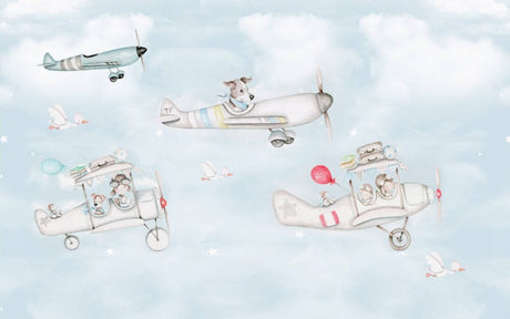 Design file of flying animals wallpaper showing full pattern with watercolor aircraft and cute animal characters