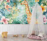 Kids playroom with safari animal wallpaper featuring hot air balloons and playful characters
