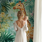 Toddler bedroom with mint green safari wallpaper featuring animal friends
