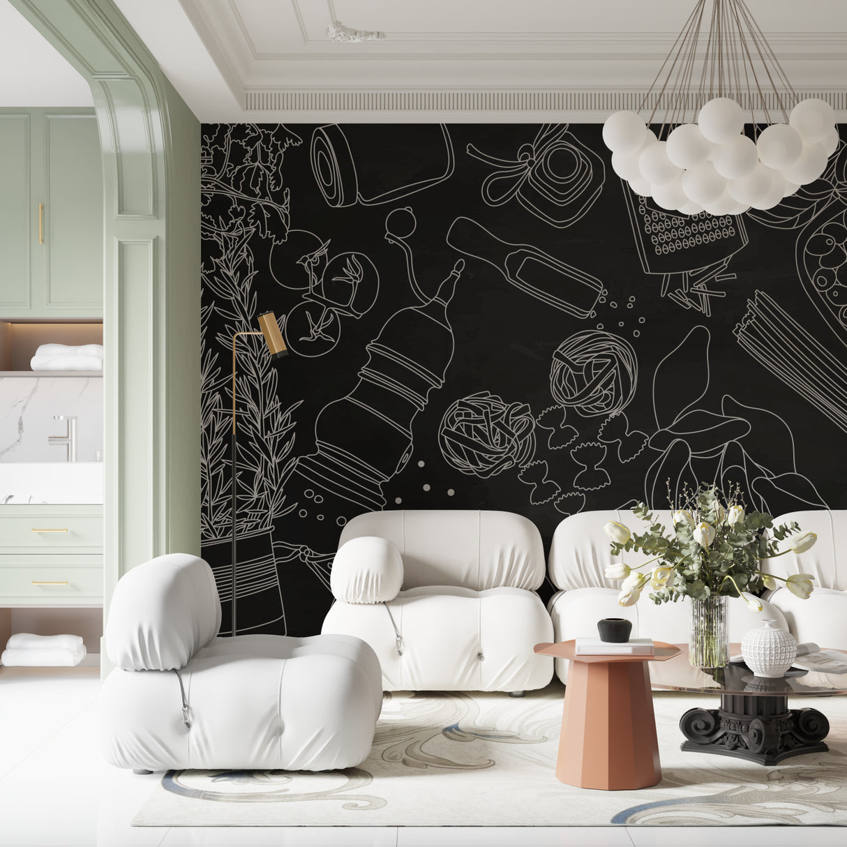 Black and white kitchen mural in contemporary dining area with minimalist furniture