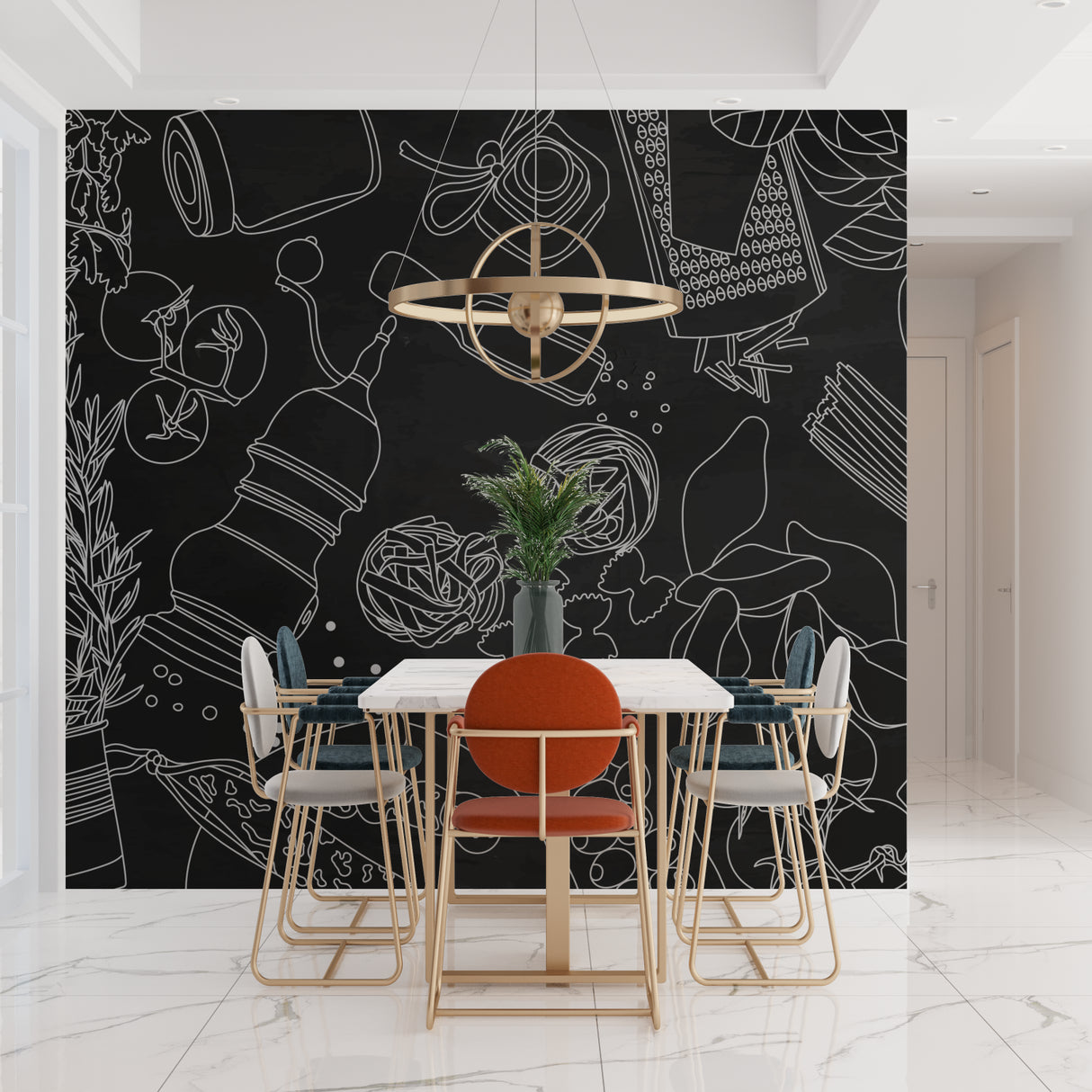 Line art kitchen wallpaper creating stunning contrast in breakfast nook setting