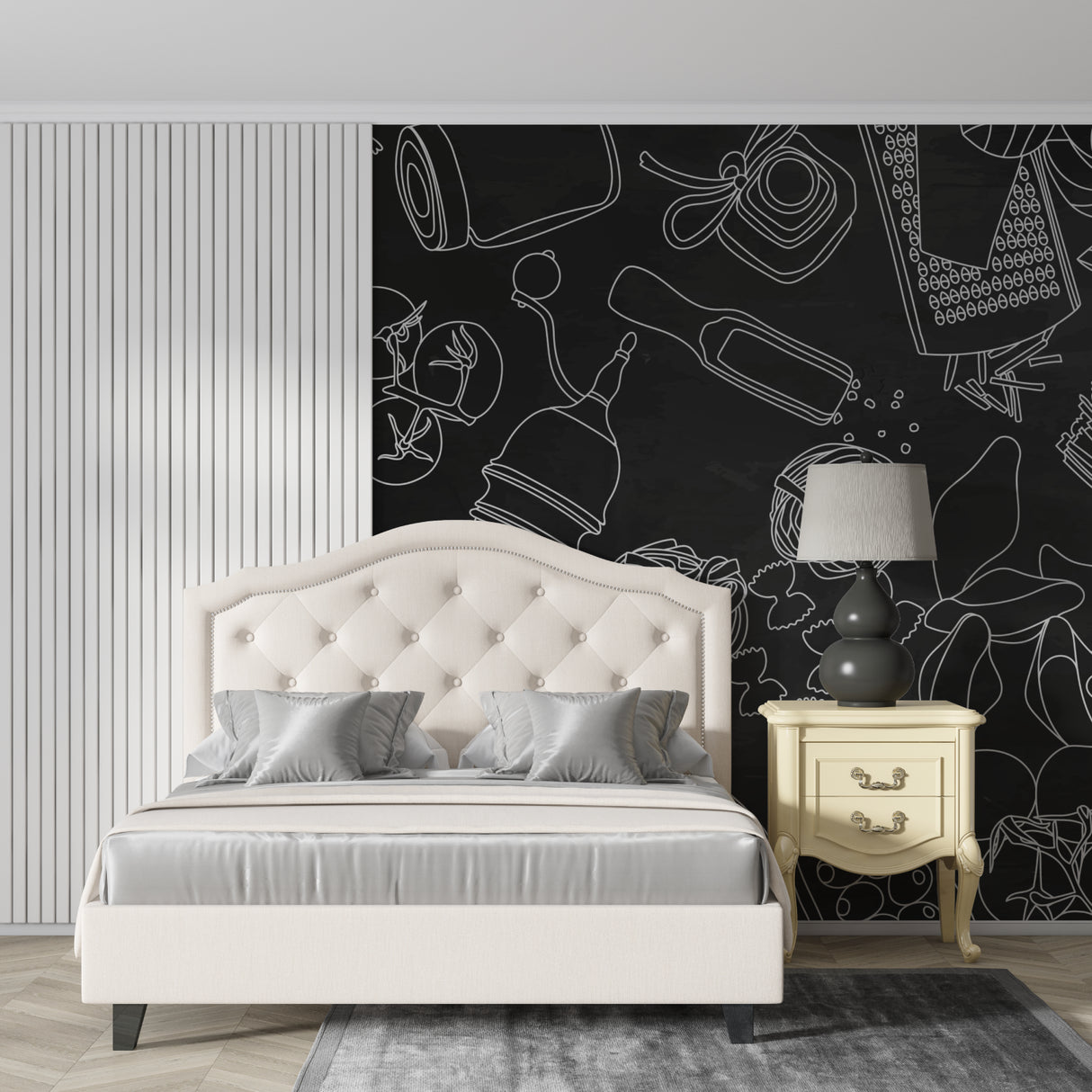 Modern kitchen wallpaper installation showcasing elegant culinary sketches in cafe space
