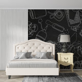 Modern kitchen wallpaper installation showcasing elegant culinary sketches in cafe space