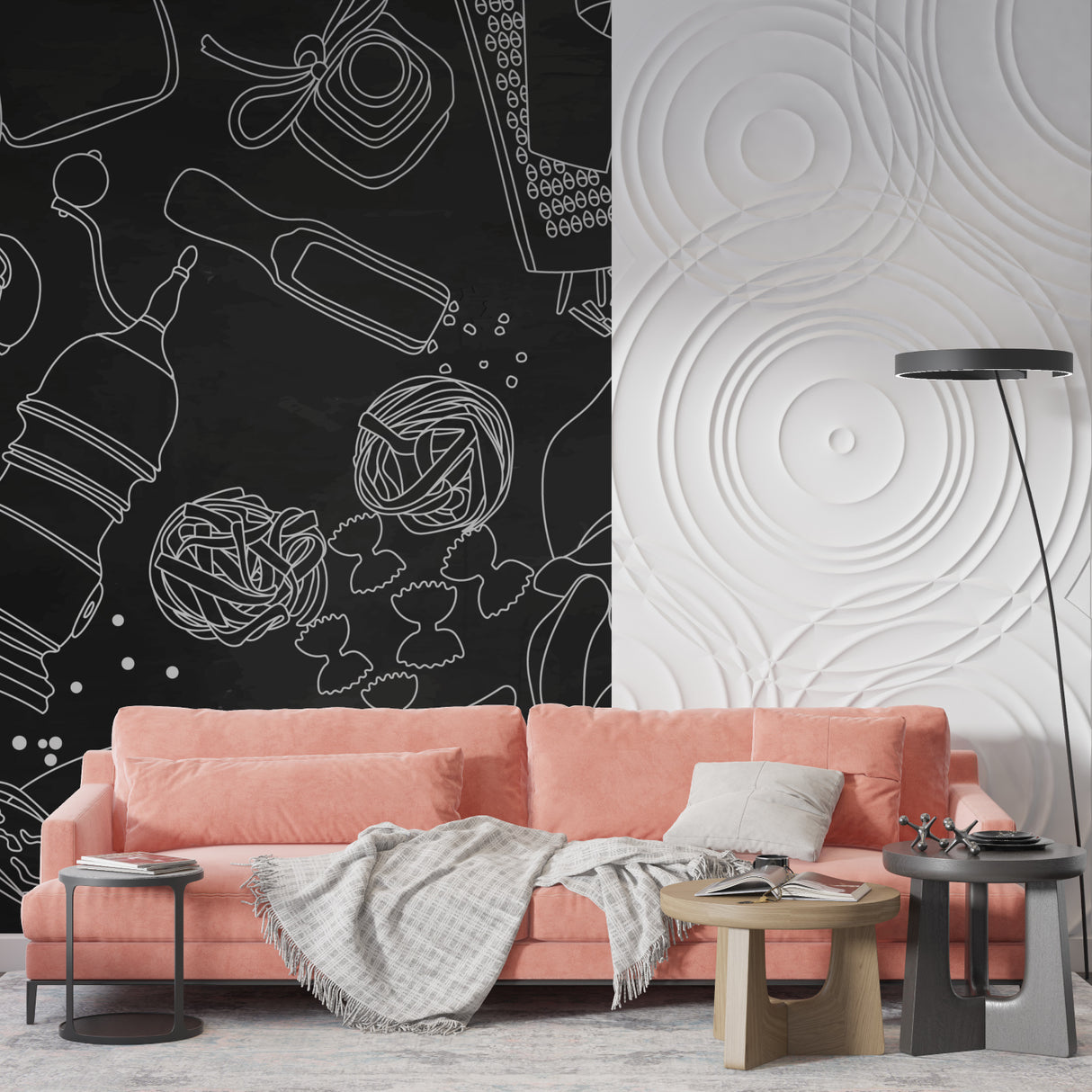 Black and white kitchen mural bringing artistic flair to restaurant interior