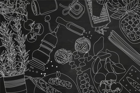 Design file showing detailed black and white line art kitchen pattern with flowing culinary motifs