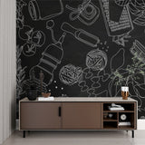 Modern black and white kitchen wallpaper with line art design shown in bright contemporary kitchen space