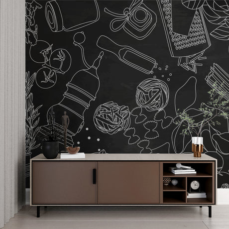 Modern black and white kitchen wallpaper with line art design shown in bright contemporary kitchen space