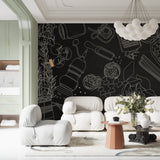 Line art kitchen mural wallpaper featured in cozy breakfast nook setting